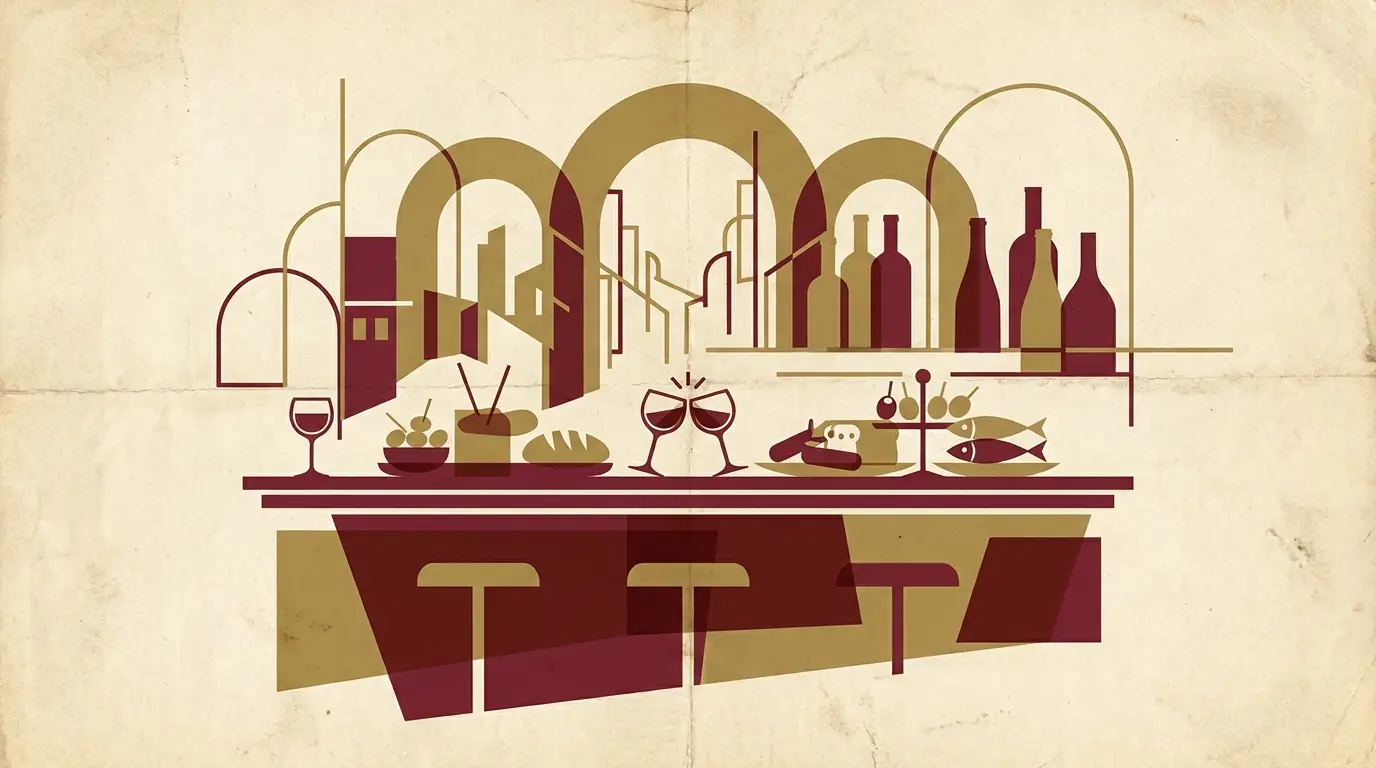 Illustrazione in stile manifesto anni Trenta: un bancone con bicchieri di vino e cicchetti, nei toni crema e bordeaux